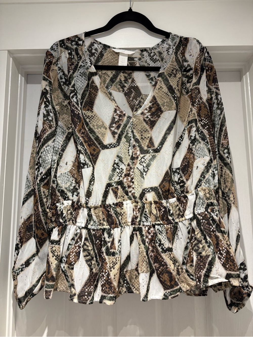 H&M Snake-Print V-Neck Peplum Blouse in Brown and White